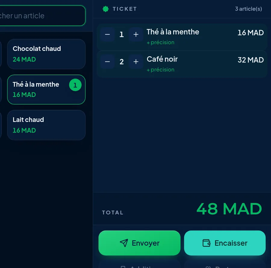 كاشير Amplify POS: طاولة مفتوحة مع طلباتها والمجموع