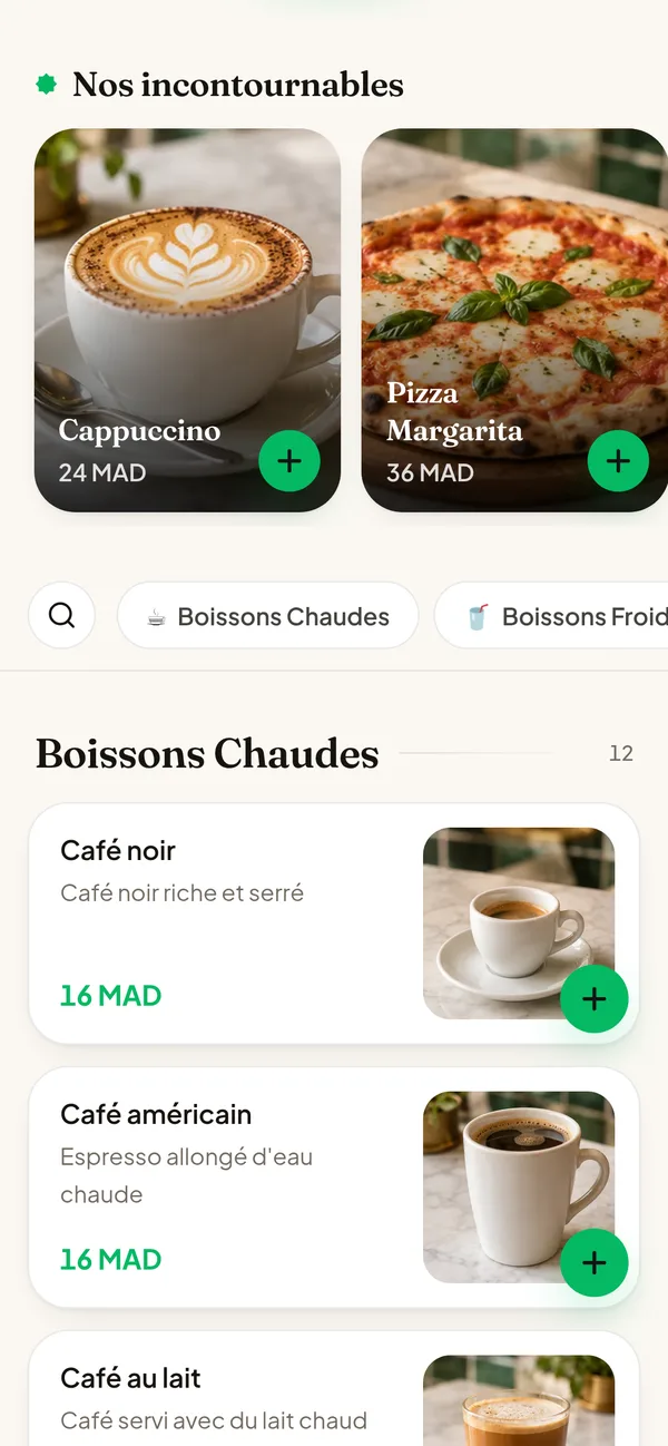 Le menu QR sur le téléphone du client : les plats et leurs prix