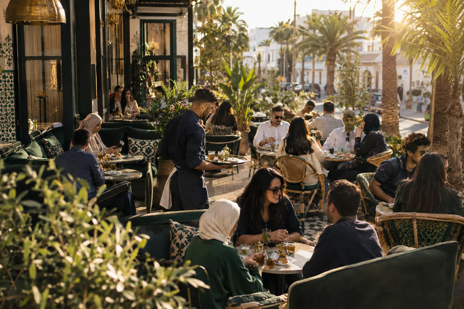 شرفة مقهى ممتلئة في الرباط آخر النهار